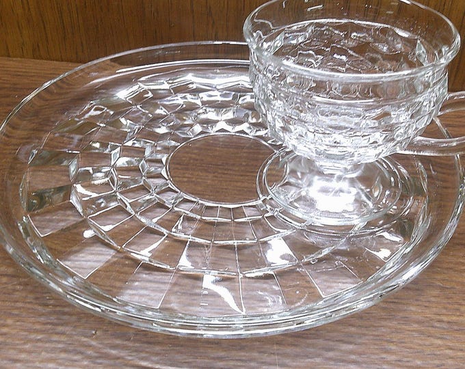 2501 Indiana Glass Vintage American Whitehall Clear Cubist 8 pc Set - (4) 9" Plates & (4) Footed Cups - Great Condition