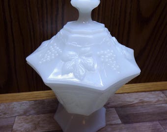 2508 Indiana Glass 8" Milk Glass Footed Hexagon Vintage Dish with Lid - Grape & Cable