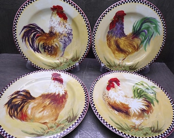 2606 Sakura Chanticleer Rooster Vintage 8.25" Stoneware Lunch / Snack Plates Set of 4