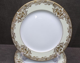 2603 Meito Vintage 1936 Hand-painted China 7.75" Salad Plates Set of 5- 22 kt Gold Flowers & Scrolls w/ Cream Rim - Great Cond. Little Wear