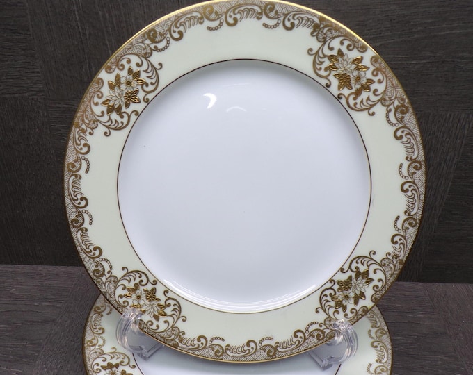 2603 Meito Vintage 1936 Hand-painted China 7.75" Salad Plates Set of 5- 22 kt Gold Flowers & Scrolls w/ Cream Rim - Great Cond. Little Wear