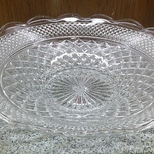 2408 Anchor Hocking Wexford Crystal Vintage 13.75" Shallow Bowl Platter Scalloped Rim 3" Tall- Great Condition Very Beautiful image 2