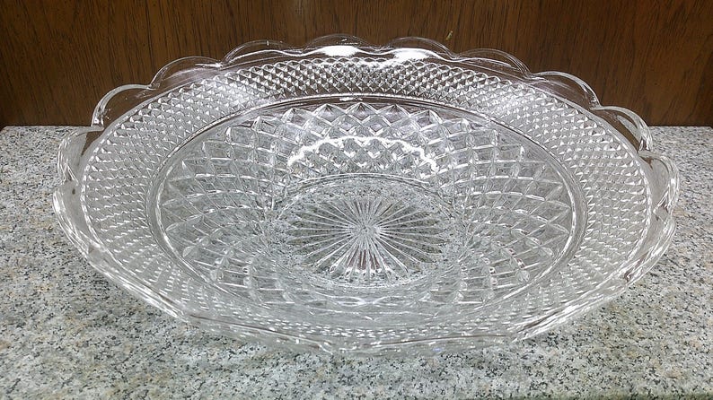 2408 Anchor Hocking Wexford Crystal Vintage 13.75" Shallow Bowl Platter Scalloped Rim 3" Tall- Great Condition Very Beautiful image 2
