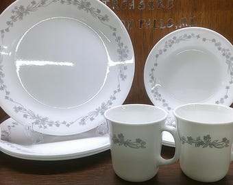 2501 Corelle Ribbon Bouquet Vintage Dinnerware Silver Flowers - Good Condition Light Scratches -Choose from List: