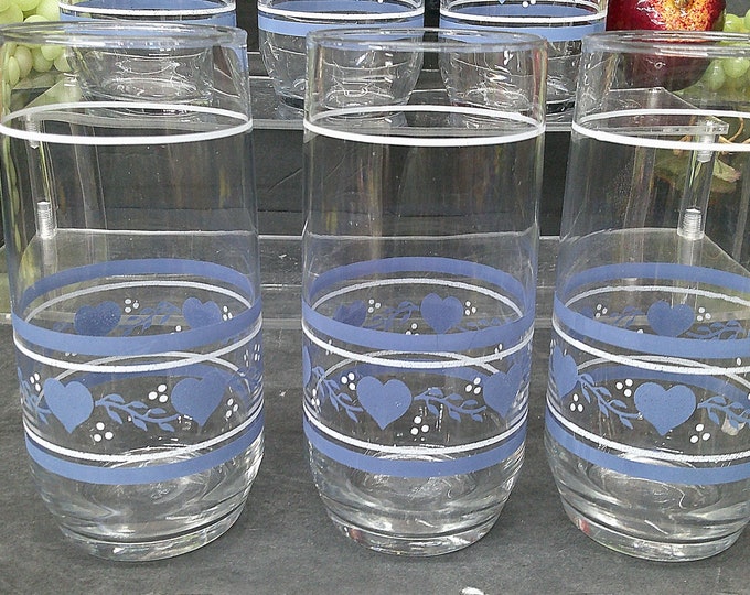 2402 Libbey Blue Country Hearts 16 oz 6" Tumblers Set of 6 - Great Condition