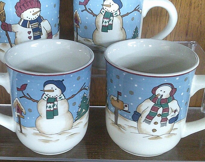 2502 Cambridge Potteries Snowmen Serenade by Tobi Pieri 1997 Vintage 4" 12 oz Coffee Mugs Set of 4 - Great Condition