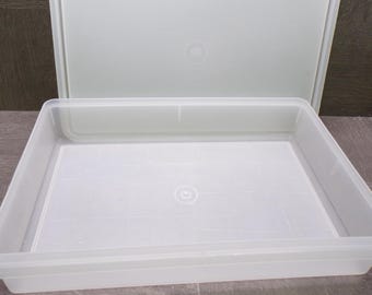 2606 Vintage Tupperware 13.5" x 9.5" Clear Frosted Rectangle Container with Lid Deep Scratches in Bottom