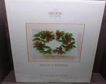 2605 Block Crystal Vintage Holly & Berries Matte Finish 14" Square Platter - Excellent Condition in Original Box