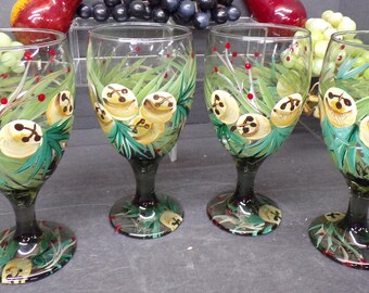 2309 Libbey Glass Tawny Brown Smoke Glass Hand-painted Coconut Palm Leaf 7" Teardrop Stemmed Water Glasses Set of 4