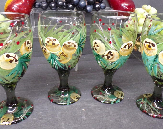 2309 Libbey Glass Tawny Brown Smoke Glass Hand-painted Coconut Palm Leaf 7" Teardrop Stemmed Water Glasses Set of 4 - Great Condition