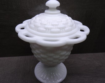 2605 Imperial Glass Milk Glass 7" Basket Weave Pattern Footed Covered Compote Candy Dish