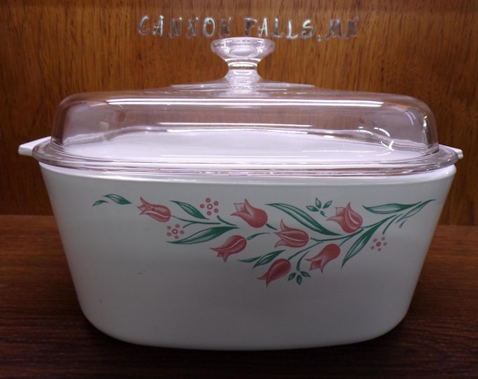 2506 Corning A-5-B Casserole Dish 5 Liter Rosemarie Pink Tulips w/ Clear Glass Pyrex Lid- Great Condition