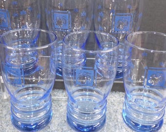 2210 Libbey Glass Blue Bangels 6.25" Tall Pear Tumblers Vintage Set of 6 - Good Condition No Chips or Cracks