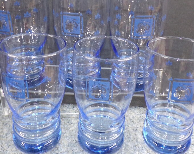 2210 Libbey Glass Blue Bangels 6.25" Tall Pear Tumblers Vintage Set of 6 - Good Condition No Chips or Cracks