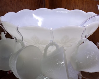 2509 Anchor Hocking Vintage Harvest Grape Milk Glass 26 pc Punch Set - 12" Punch Bowl, 12 Cups, 12 Hooks & Ladle - Great Condition
