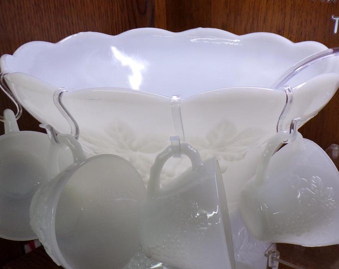 2509 Anchor Hocking Vintage Harvest Grape Milk Glass 26 pc Punch Set - 12" Punch Bowl, 12 Cups, 12 Hooks & Ladle - Great Condition