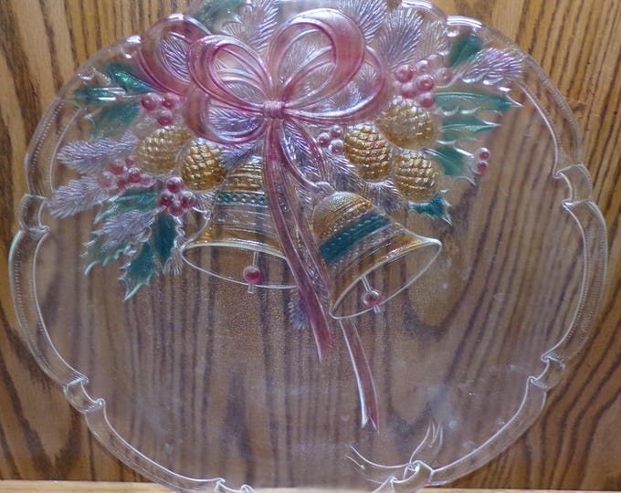 2508 Mikasa Crystal Treasures "Holiday Bells" Vintage 15" Colored Textured Christmas Platter - Great Condition