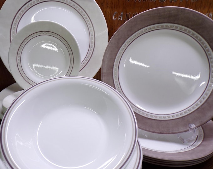 2507 Corelle Pewter Dinnerware Grey, Beige, Brown Colors - Edges Show Some Wear Otherwise Great Condition