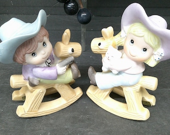 2403 Homco #1417 Cowboy & Cowgirl on Rocking Horses Vintage Ceramic Figurines - Excellent Condition