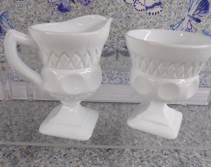 2210 Indiana Glass Milk Glass Square Base 4" Vintage Cream & Sugar Set - No Chips or Cracks