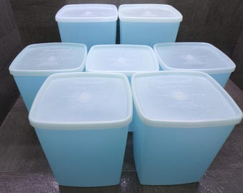 2606 Vintage Tupperware 14 pc Set Sheer Blue Square Round Freezer / Storage Containers w/ Airtight Lids
