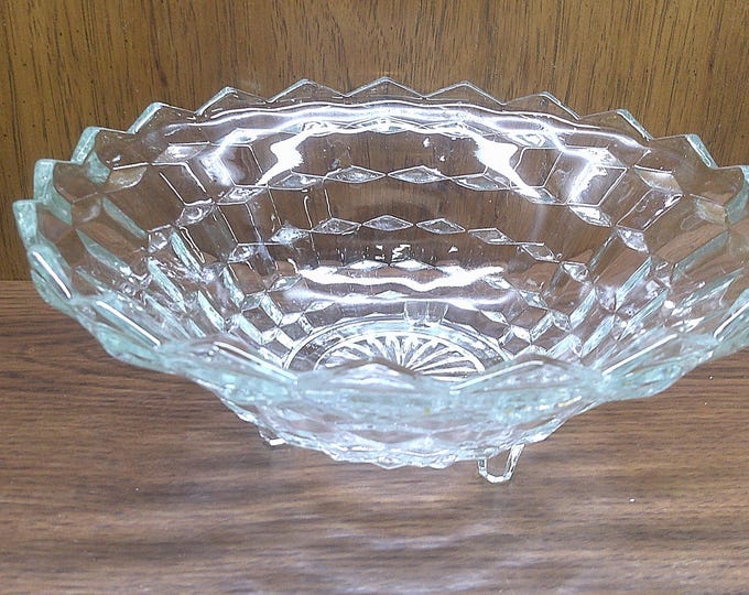 2411 Indiana Glass 10" American Whitehall Clear Cubist Vintage Footed Serving Bowl - Great Condition
