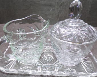 2608 Anchor Hocking Prescut 4 pc Vintage Star of David Set - Creamer, Sugar Dish w/ Lid & Tray