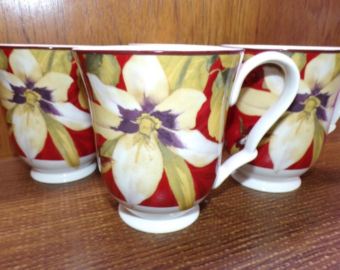 2508 Bellize by 222 Fifth 4" 10 oz Vintage Mugs Set of 4 Red Floral Hummingbird - Great Condition