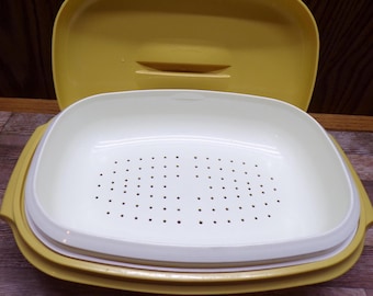 2606 Tupperware Microwave Steamer Vintage Oval Serving Bowl 3 Pc Harvest Gold Yellow