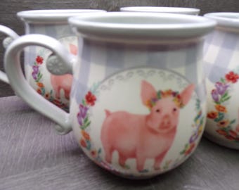 2609 Pioneer Woman Gingham County Farm 16 oz Mugs Set of 4 Pink Pig Grey Checkered