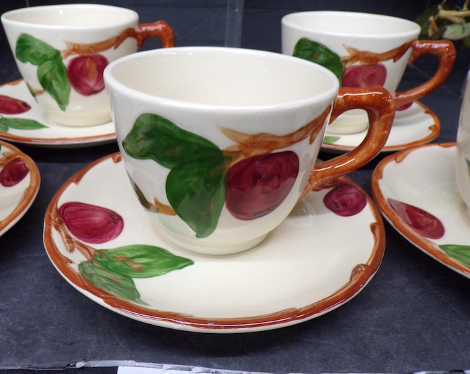 2309 Franciscan Red Apple 1950's Vintage Hand-Crafted Coffee / (5) Tea Cups & (5) Saucers Made in California- Good Condition