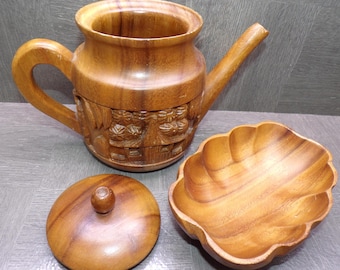 2605 Monkey Wood Vintage 7" Teapot & 7" Bowl Made in Philippines