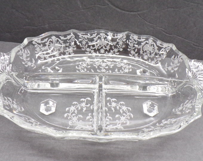 2211 Fostoria Glass Etched Floral Footed 12"x7.5" Divided 3 part Vintage Serving Dish w/ Embossed Handles - Good Condition
