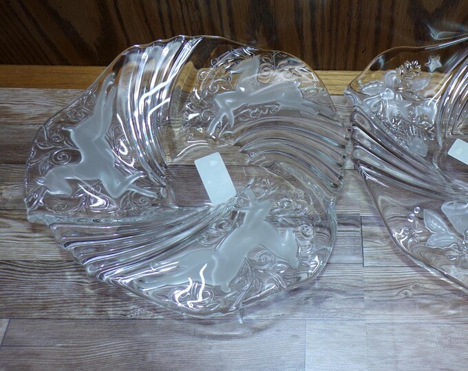 2508 Pair of Mikasa Reindeer & Festive Swirl Vintage Bon Bon Plate 9” Frosted Deer, Frosted Floral, Bells, Stars - Great Condition