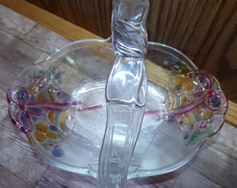2508 Mikasa Crystal Treasures "Holiday Bells" Colored Textured Basket with Plastic Handle Vintage 9.5"