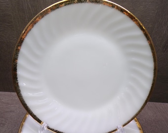 2605 Anchor Fire-king 9" Vintage Milk Glass Swirl Lunch / Snack Plate Gold Rim Set of 4