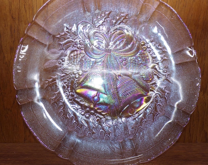 2505 Sleigh Bells 15" Vintage Iridescent Textured Carnival Glass Christmas Platter - Great Condition in Original Box