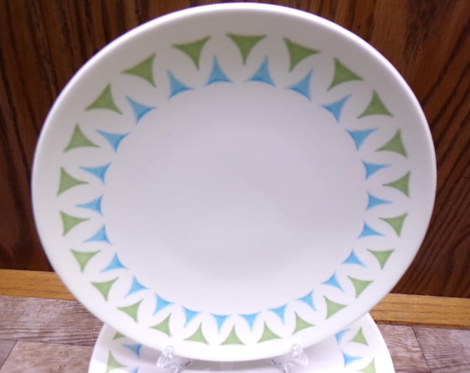 2511 Vintage Ironstone Blue Green Triangle Border 7" Dessert / Snack Plates Set of 6 -Good Condition