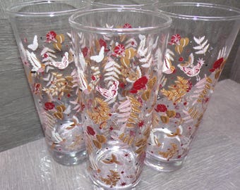 2608 Clear Glass w/ Floral, Birds & Butterflies Vintage 6.5" Tall Tumblers Set of 4