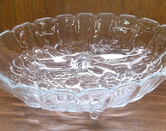 2505 Indiana Glass Footed 8" x 12" Vintage Clear Paneled Glass Embossed Oval Fruit Bowl Scalloped Edge - Great Condition