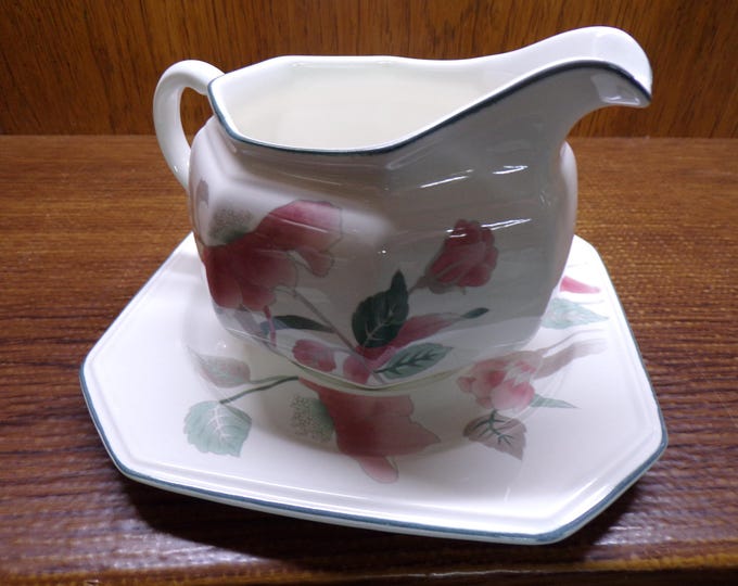 2506 Mikasa F3003 Continental Silk Flowers Gravy Boat & Underplate Beautiful Pink Teal Floral Microwave Dishwasher Safe- Great Condition