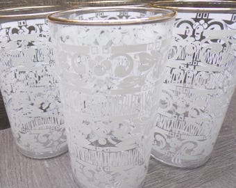 2608 Anchor Hocking Chantilly White Lace Vintage 11 oz Tumblers Set of 4 w/ Gold Rim