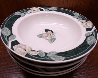 2508 Tienshan Stoneware Magnolia Belle 8.5" Vintage Flat Rimmed Bowls Set of 4 Green Grey White Floral - Pre-owned Great Condition