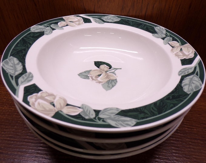 2508 Tienshan Stoneware Magnolia Belle 8.5" Vintage Flat Rimmed Bowls Set of 4 Green Grey White Floral - Pre-owned Great Condition