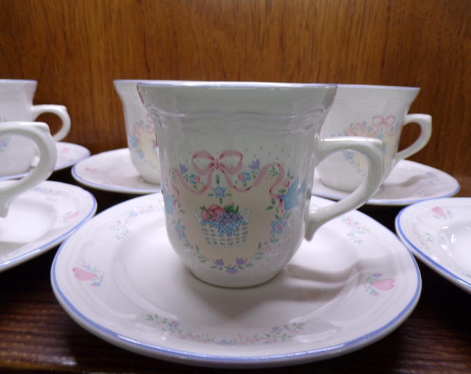 2507 Tienshan Stoneware Memories Country Bouquet 12 pc Set (6) Cups & (6) Saucers- Pre-owned Good Condition