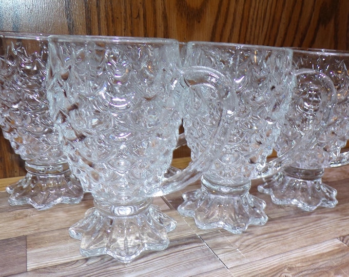 2511 Unique Fish Scale Pattern Clear Glass Footed Mugs 5" Set of 6 - Excellent Condition