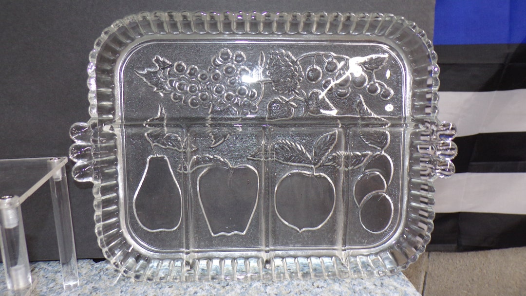 2210 Indiana Glass Embossed Fruit Pattern Divided Dish Platter Tray