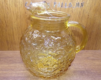 2508 Anchor Hocking Lido Milano Honey Gold Amber 9" Crinkle Glass Vintage Ball Pitcher w/ Ice Catcher Spout - Great Condition