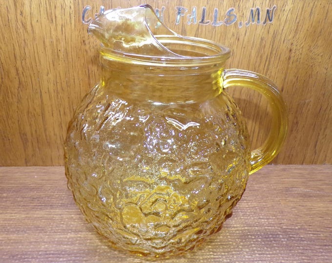 2508 Anchor Hocking Lido Milano Honey Gold Amber 9" Crinkle Glass Vintage Ball Pitcher w/ Ice Catcher Spout - Great Condition