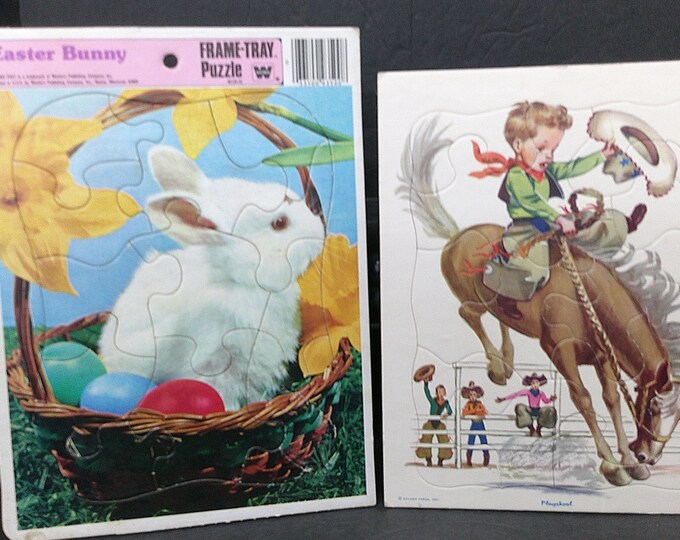 2403 Fiberboard Puzzles Vintage Pair Easter Bunny & Boy on a Bronco - Good Condition